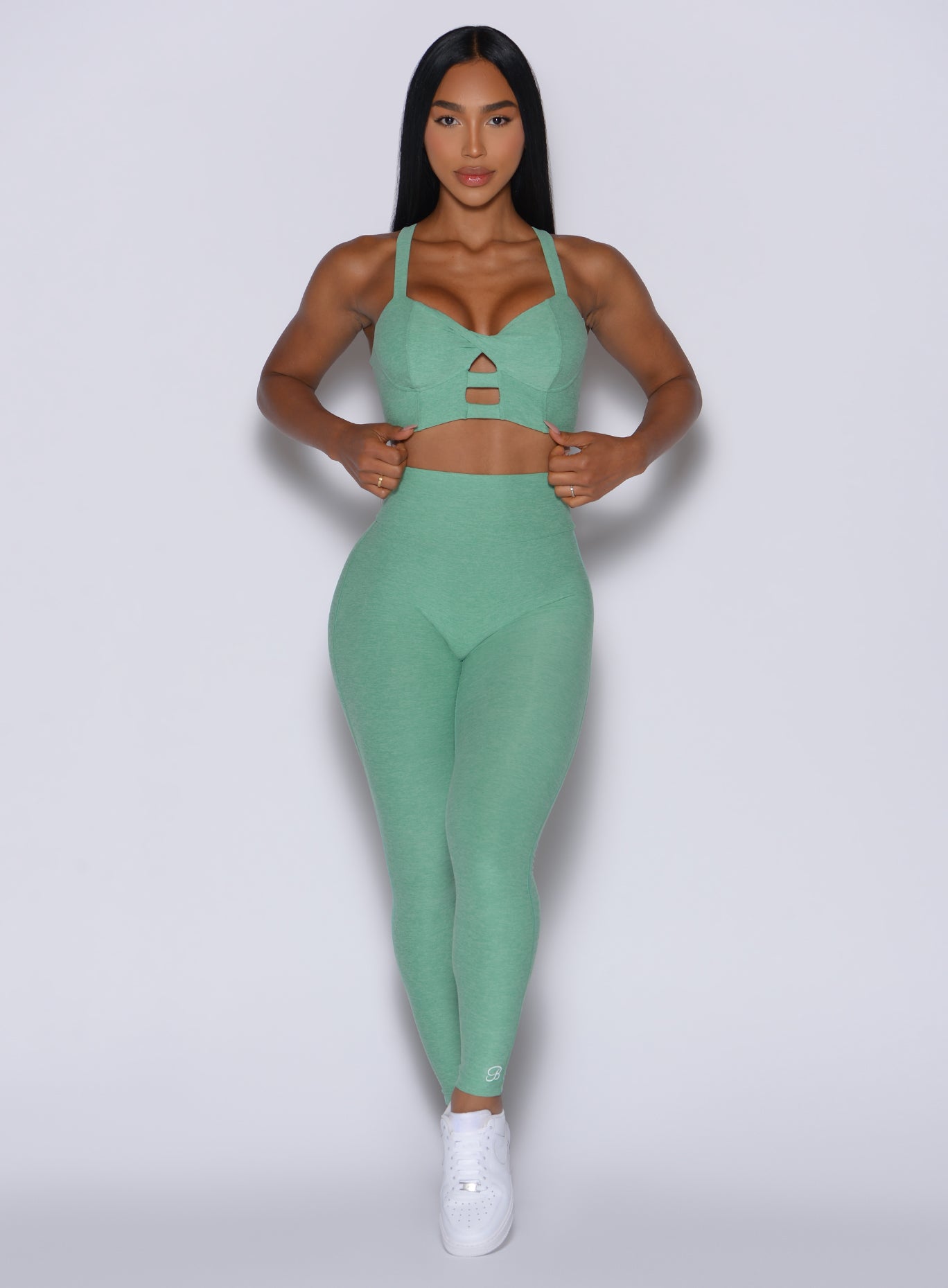 Sage Movement Leggings with sweetheart butt seams and a seamless front for sculpting gym performance.