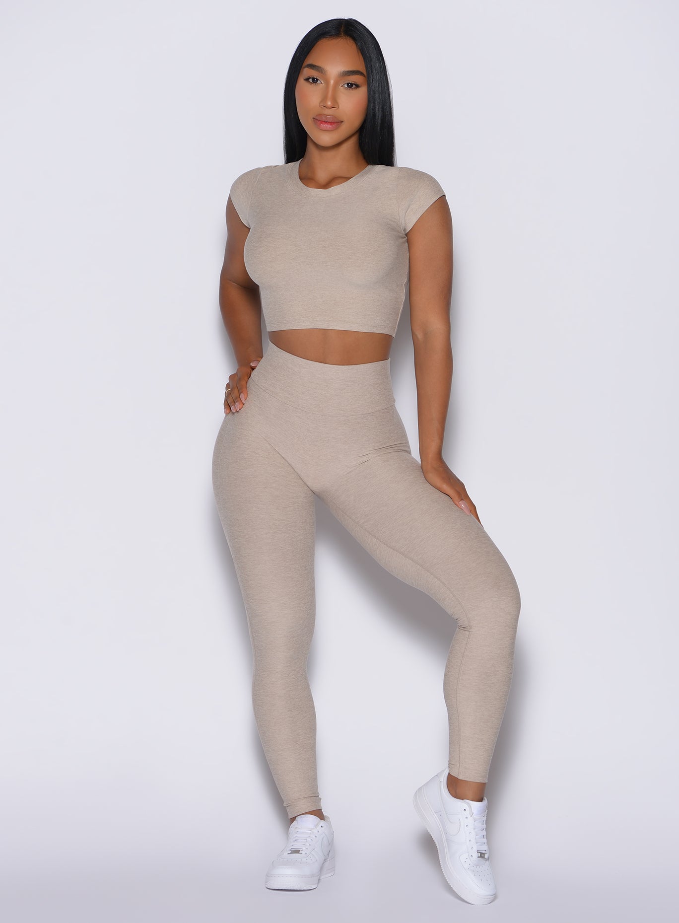 Taupe Movement Leggings with buttery-soft heathered fabric and a high-waisted gym fit.