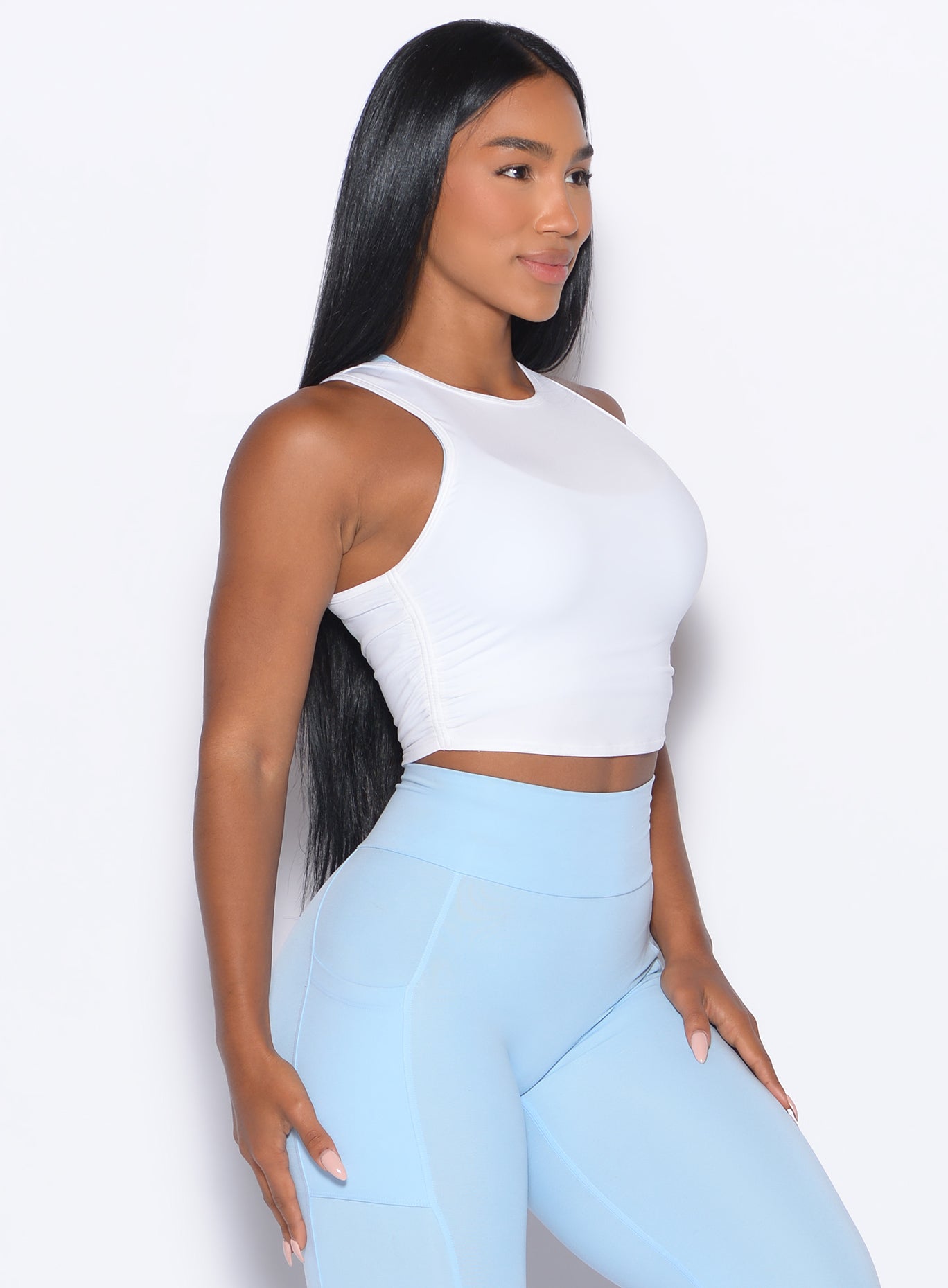 White Muscle Scrunch Tank featuring side scrunch detail and breathable performance for the gym.