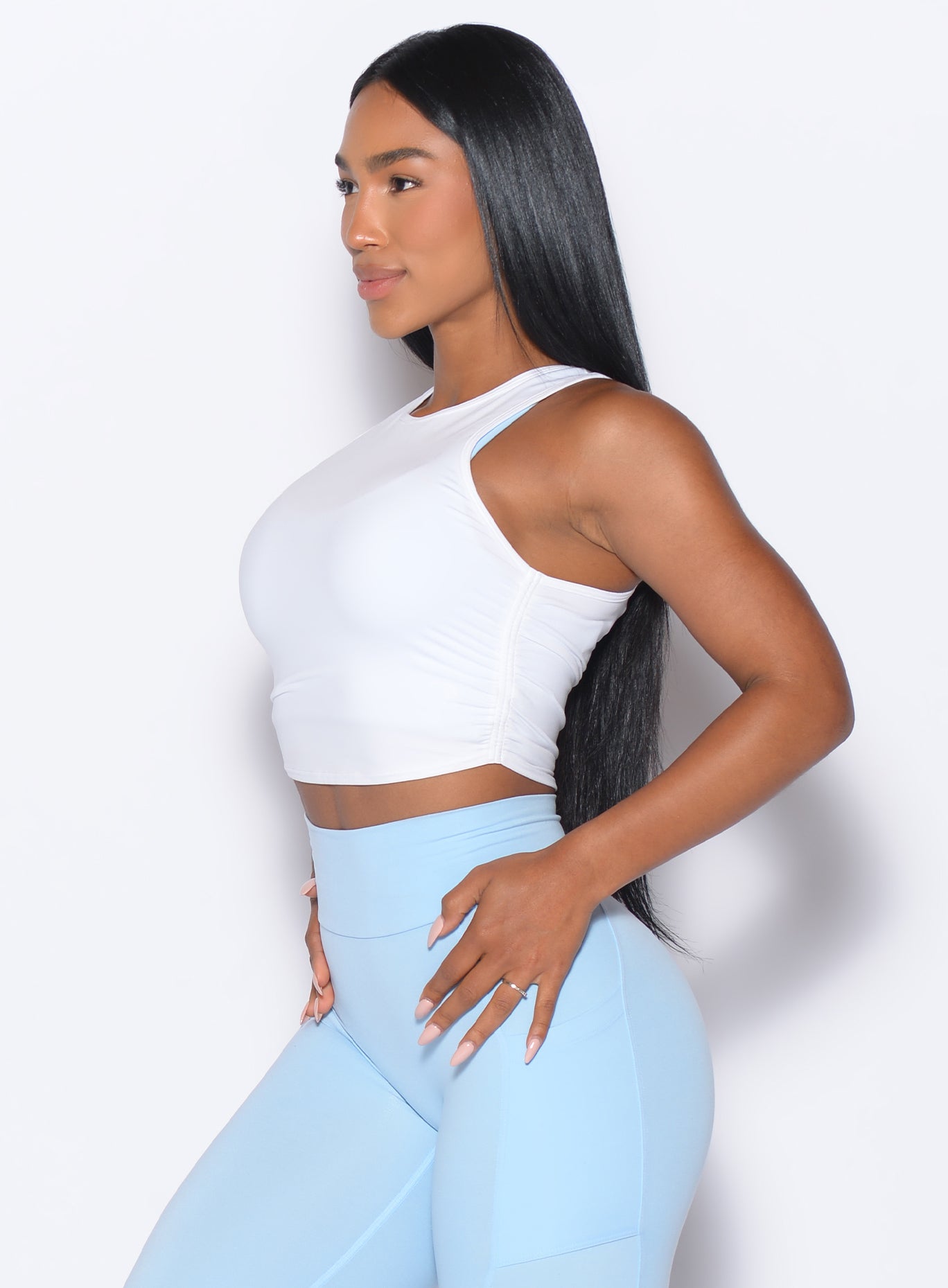 White Muscle Scrunch Tank featuring a tapered, high-performance fit for elite gym training sessions.