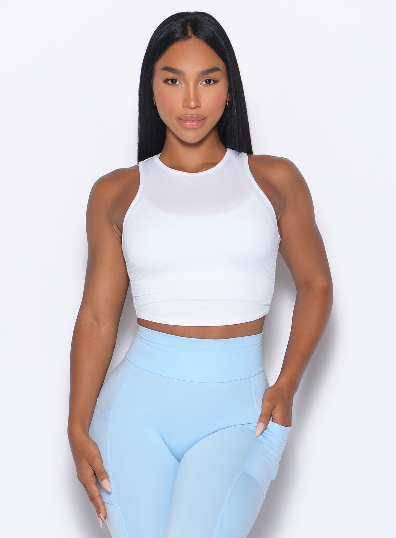 White Muscle Scrunch Tank with side-cinch details and a breathable, flattering cropped profile.