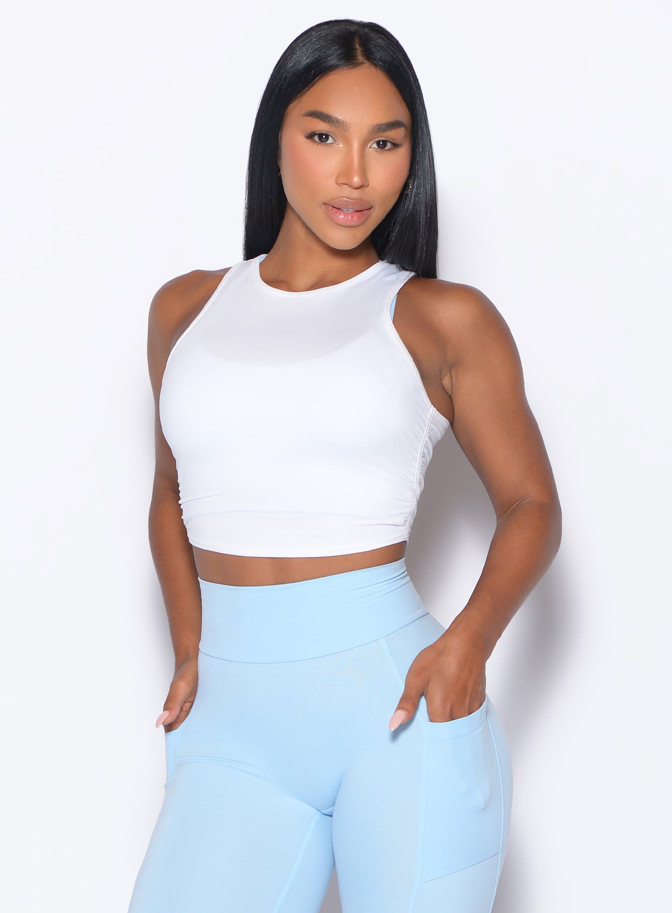 White Muscle Scrunch Tank with side cinching and scoop neck for a breathable gym layer.
