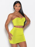 front right side profile view of a model wearing the Neon Nights Bikini Bandeau in Lemon Drop color