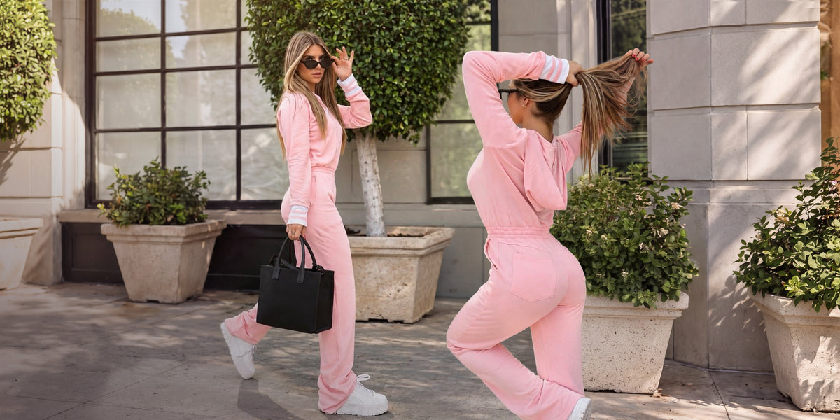 Two women modeling a matching light pink tracksuit in an outdoor urban setting with stone buildings and potted plants. One model is walking forward holding a black tote bag, and the other is posing in a dynamic side/back view, showcasing the fit of the matching top and pants.