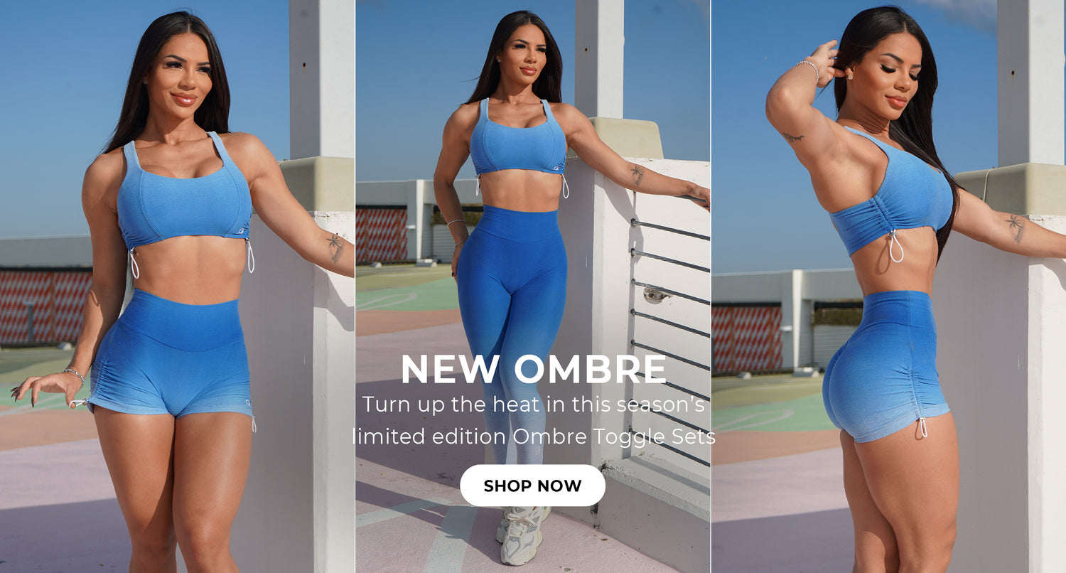 3 images of model - one close up front profile view of ombre blue tahiti toggle bra and shorts, middle distant front profile view of ombre blue tahiti toggle bra and toggle leggings, one close up right profile view of ombre blue tahiti toggle bra and shorts