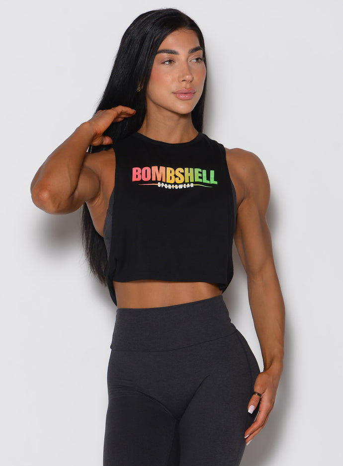 Black Ombre Logo Tank featuring a relaxed fit, twist side detail, and open sides for ventilation.