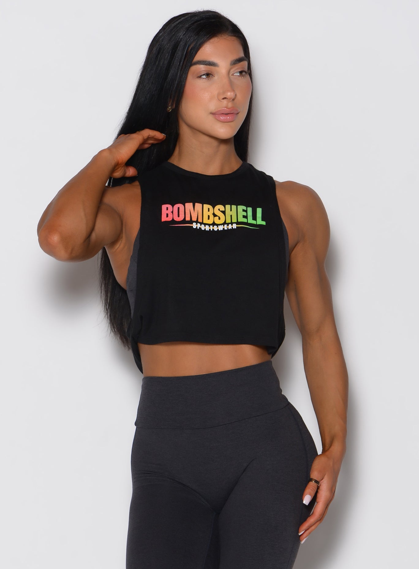Black Ombre Logo Tank featuring a relaxed fit, twist side detail, and open sides for ventilation.