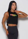 Black Ombre Logo Tank featuring a relaxed fit, open sides, and side twist detailing.
