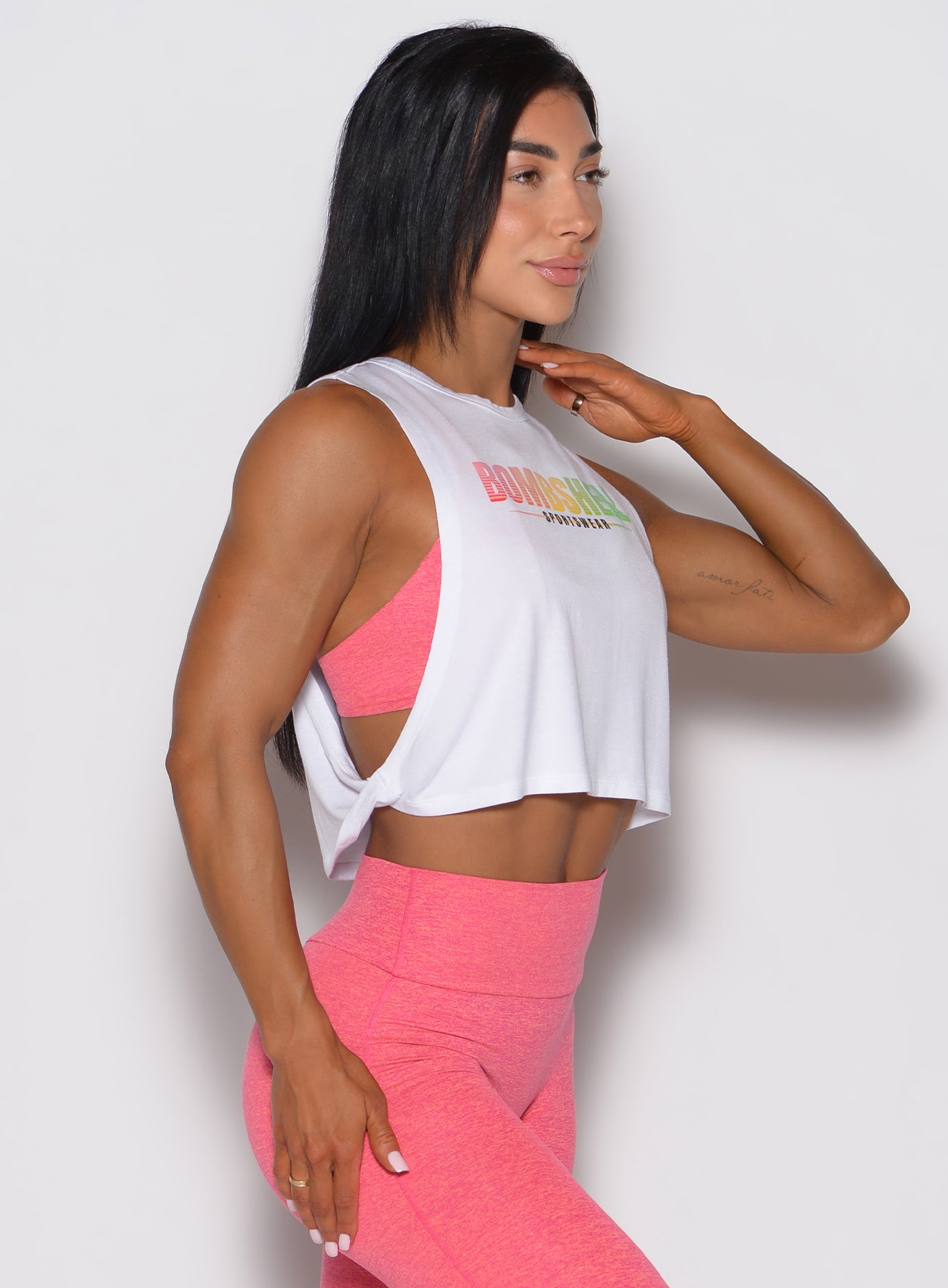 White Ombre Logo Tank in a side profile view, featuring a breathable and sculpting athletic fit.