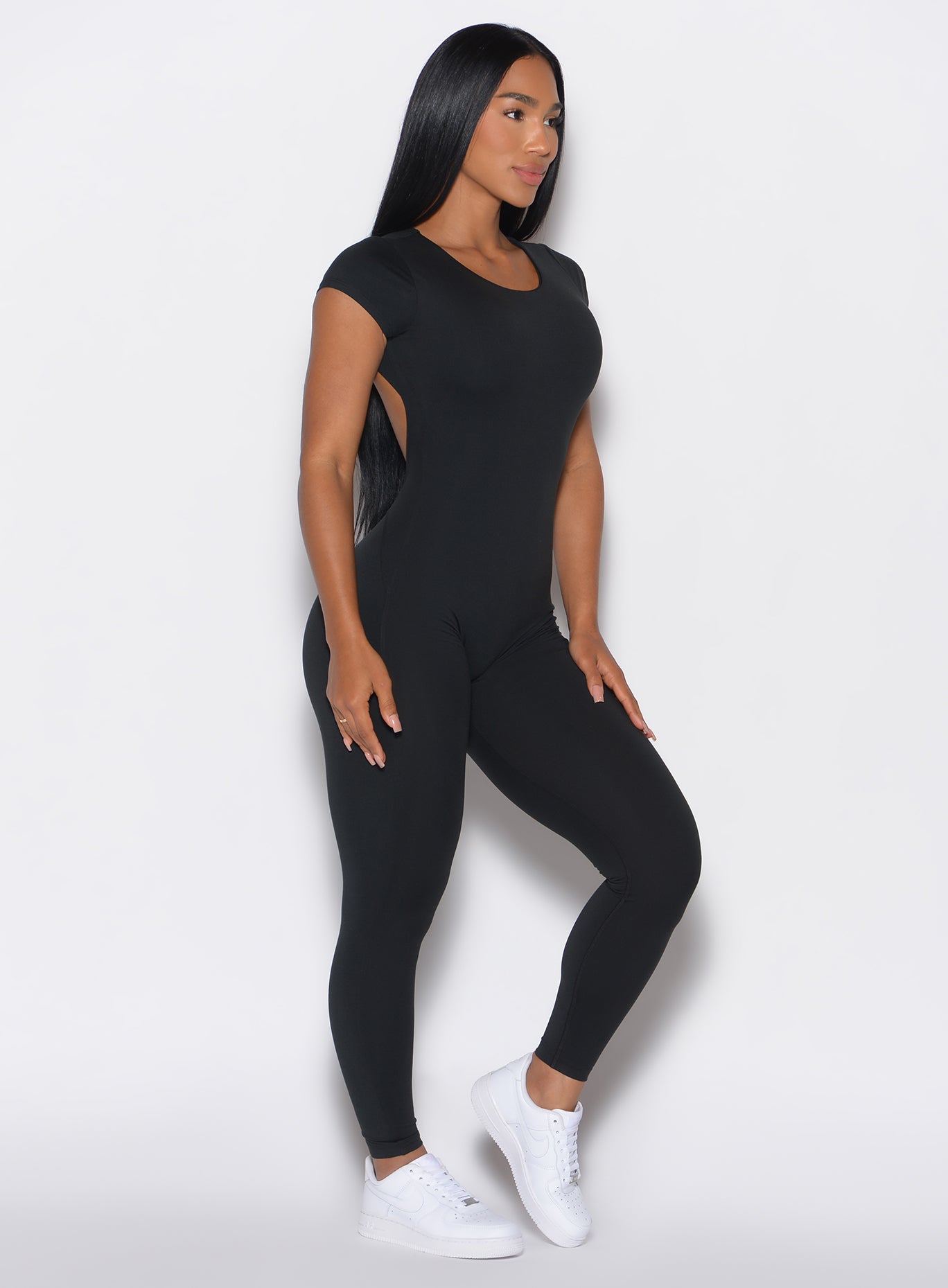 Black Short Sleeve Open Back Bodysuit | Bombshell Sportswear