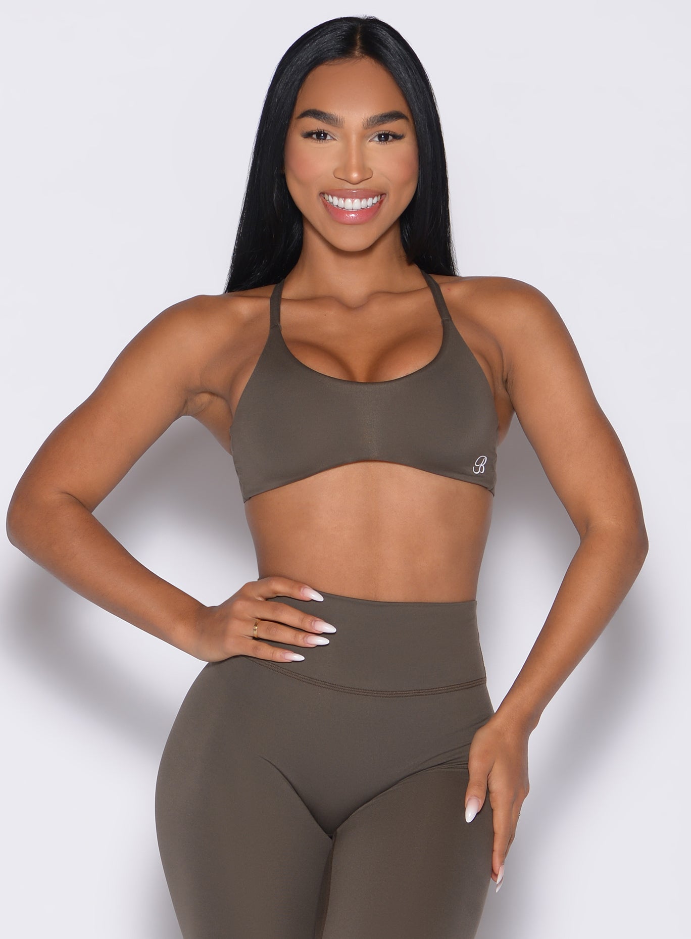 High-impact Winter Oak Passion Sports Bra with a curved underbust for a sculpted gym fit.