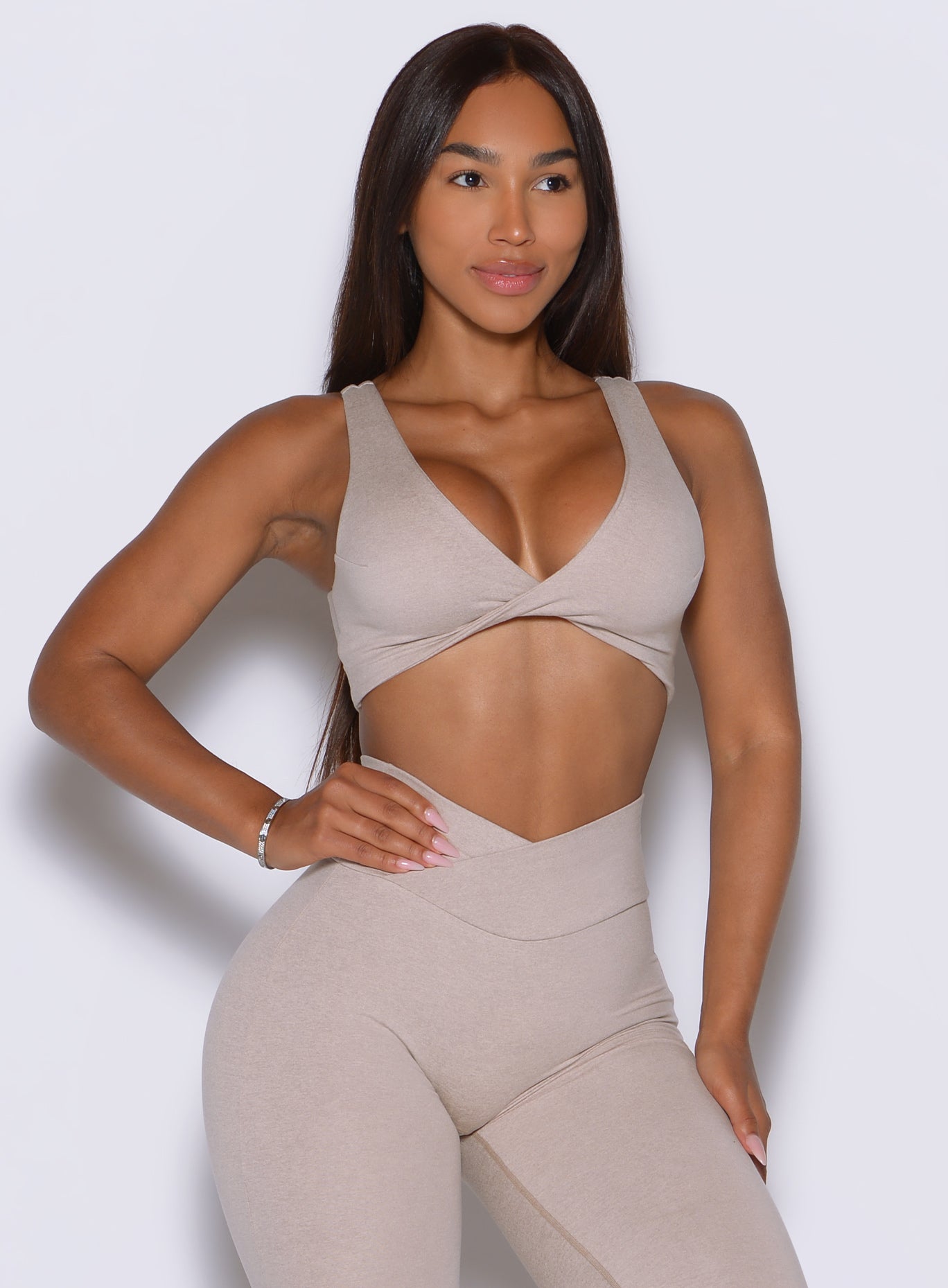 Twist-front detail in Taupe creates soft cleavage enhancement with sculpted support.