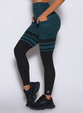Detailed left angle shot of the breathable mesh panels on Ocean Teal Cheetah leggings