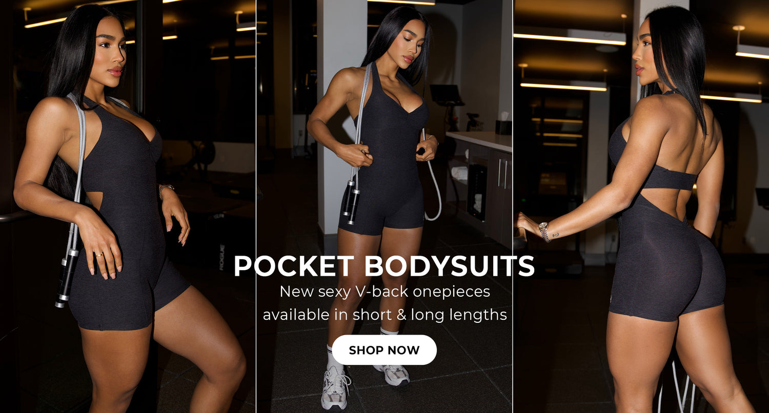 Back, Front, and Right side profile images of model wearing the BACKLESS POCKET BODYSUIT Shorts in Black