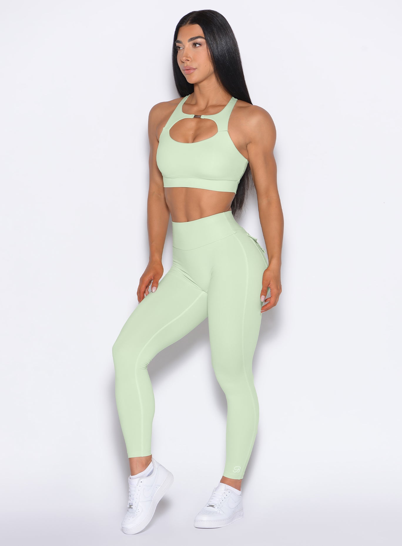 Cool Matcha Pocket Pop Leggings 2.0: high-waisted, squat-proof support with functional side pockets.