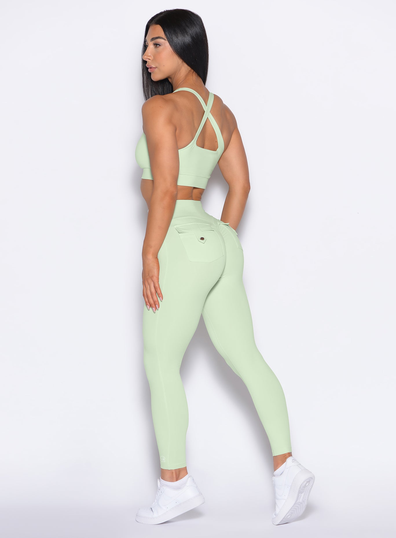 Sculpting Cool Matcha Pocket Pop Leggings 2.0: high-waisted, buttery soft fit for any workout.