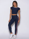 Cosmic Blue Power Play leggings showcasing a sleek, high-waisted, and sculpting support fit