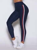 Close-up left-side view of Cosmic Blue  Power Play leggings with heathered fabric and binding details