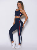 Front-left view of Cosmic Blue Power Play leggings with athletic contour shaping and soft texture