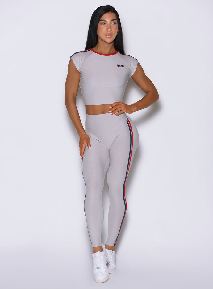 High-waisted Power Play leggings in Ice showcasing a sculpting, supportive gym fit from the front