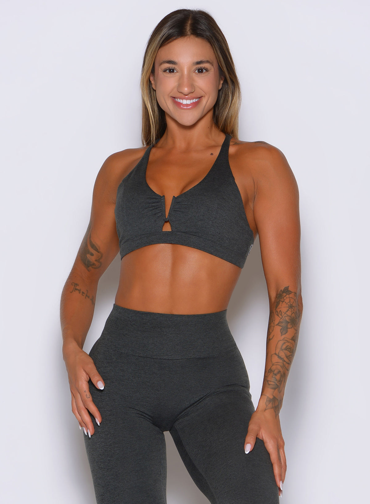 V-wire keyhole shapes the bust for a flattering fit in charcoal color.