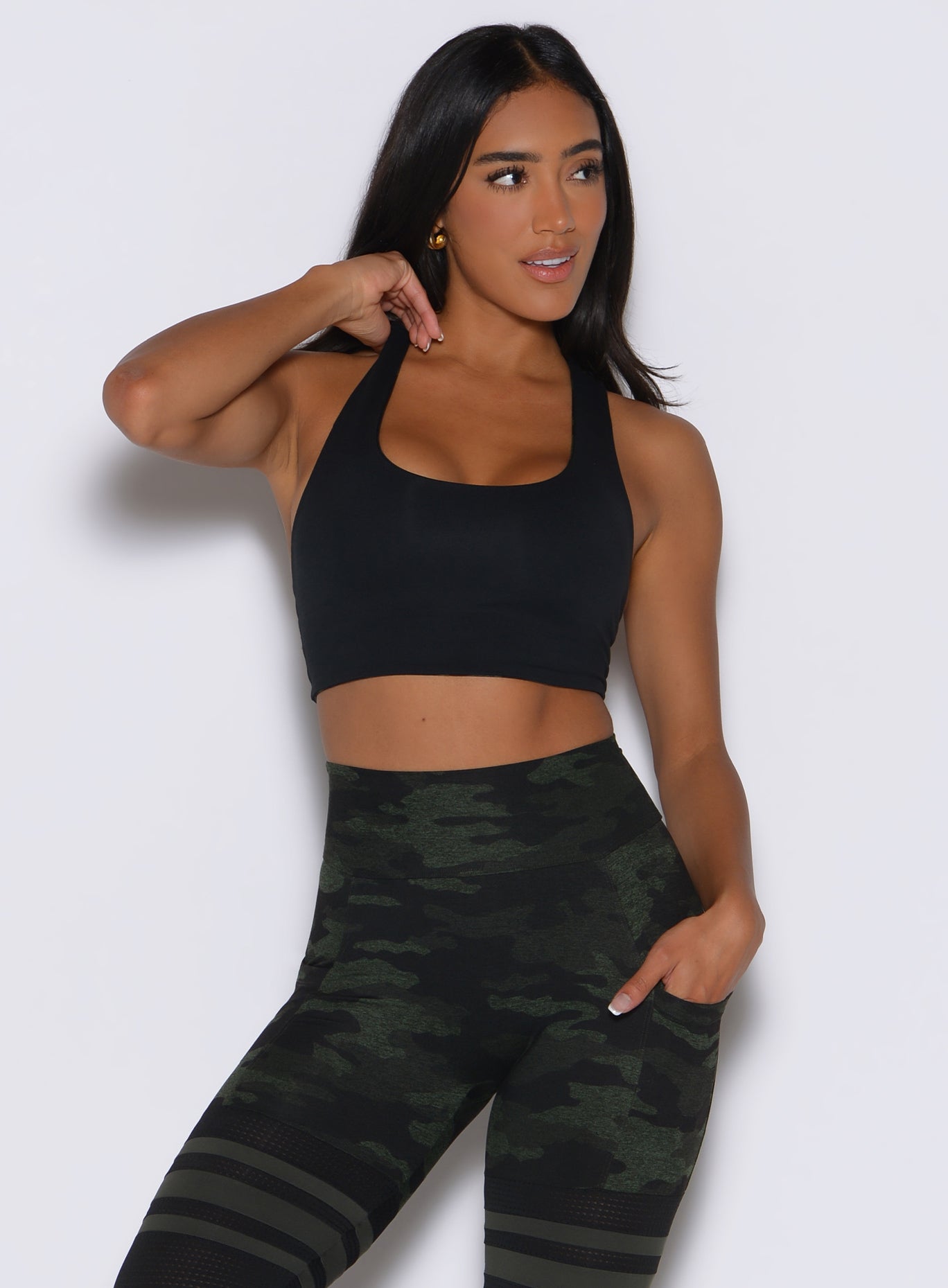 Green/Black Camo Reversible Tank Bra featuring a racerback and second-skin sculpting fit.