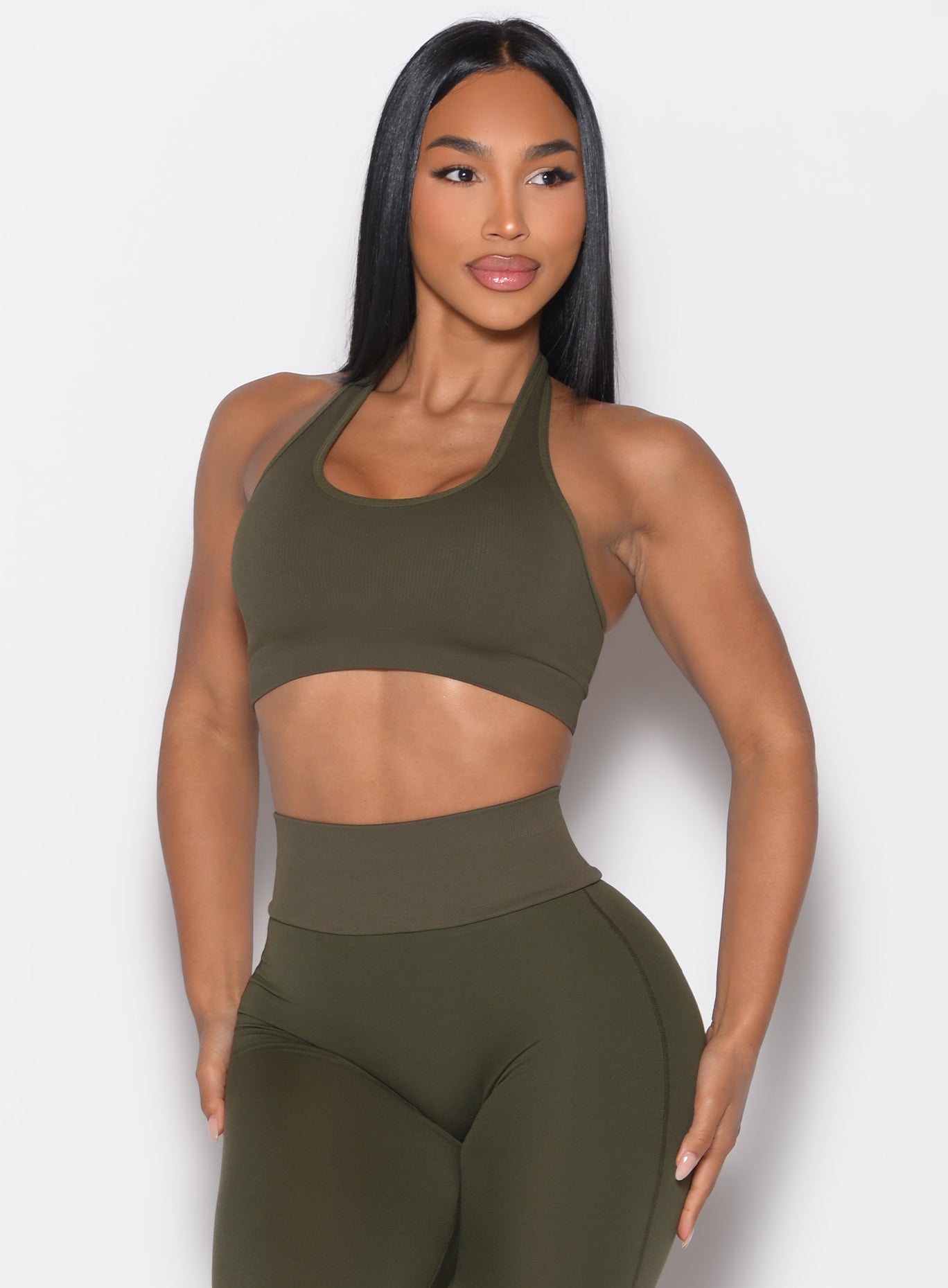 Forest Night Rib Backless Bra featuring premium ribbed texture for a sculpting, high-fashion gym fit.