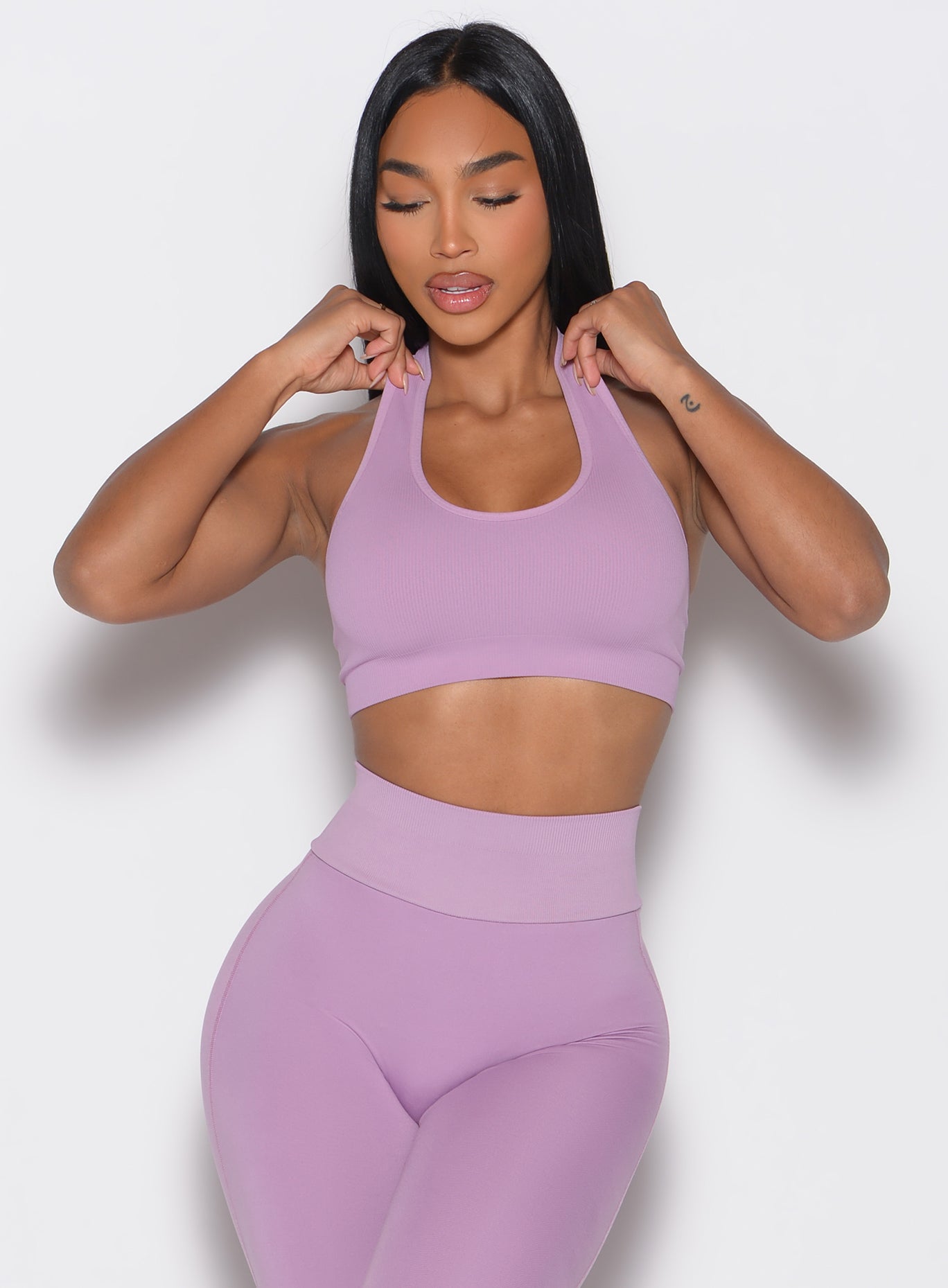 Smokey Grape Rib Backless Bra featuring a sculpting scoop neck and seamless, supportive texture.
