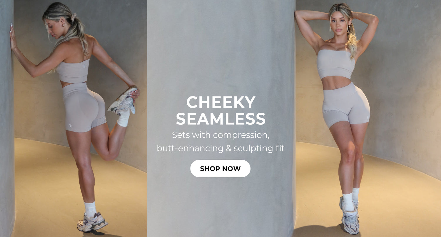 3 images - left is back profile image of model stretching in the timeless taupe cheeky seamless shorts and bandeau bra, center is gray background with text overlay that reads "CHEEKY SEAMLESS sets with compressions butt enhancing and sculpting fit" call to action button SHOP NOW, on right is front profile of model wearing the same set in the first image.