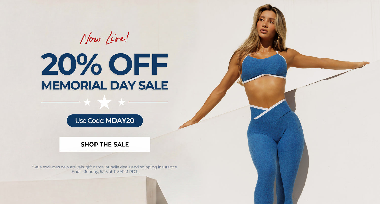 Woman in blue athletic wear with Memorial Day sale text on a white background. Text says NOW LIVE! 20% Off Memorial Day Sale Use Code: MDAY20 SHOP THE SALE *Sale excludes new arrivals, gift cards, bundle deals, and shipping insurance. Ends Monday, 5/25 at 11:59pm PDT