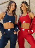 front view of 2 models wearing the Cloud Lounge Bra in Sapphire Blue  and scarlet red color