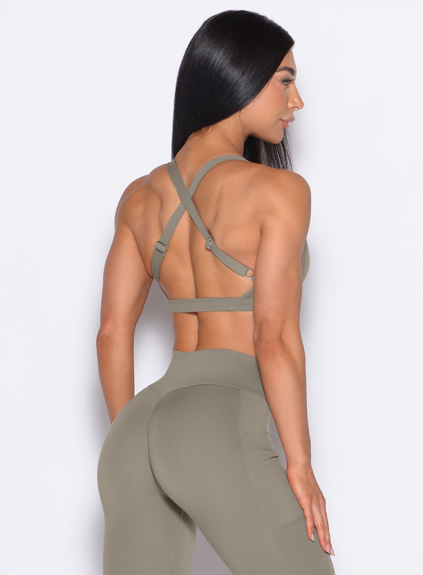 Stone Sweetheart Sports Bra featuring a supportive racerback and adjustable gym-ready straps.