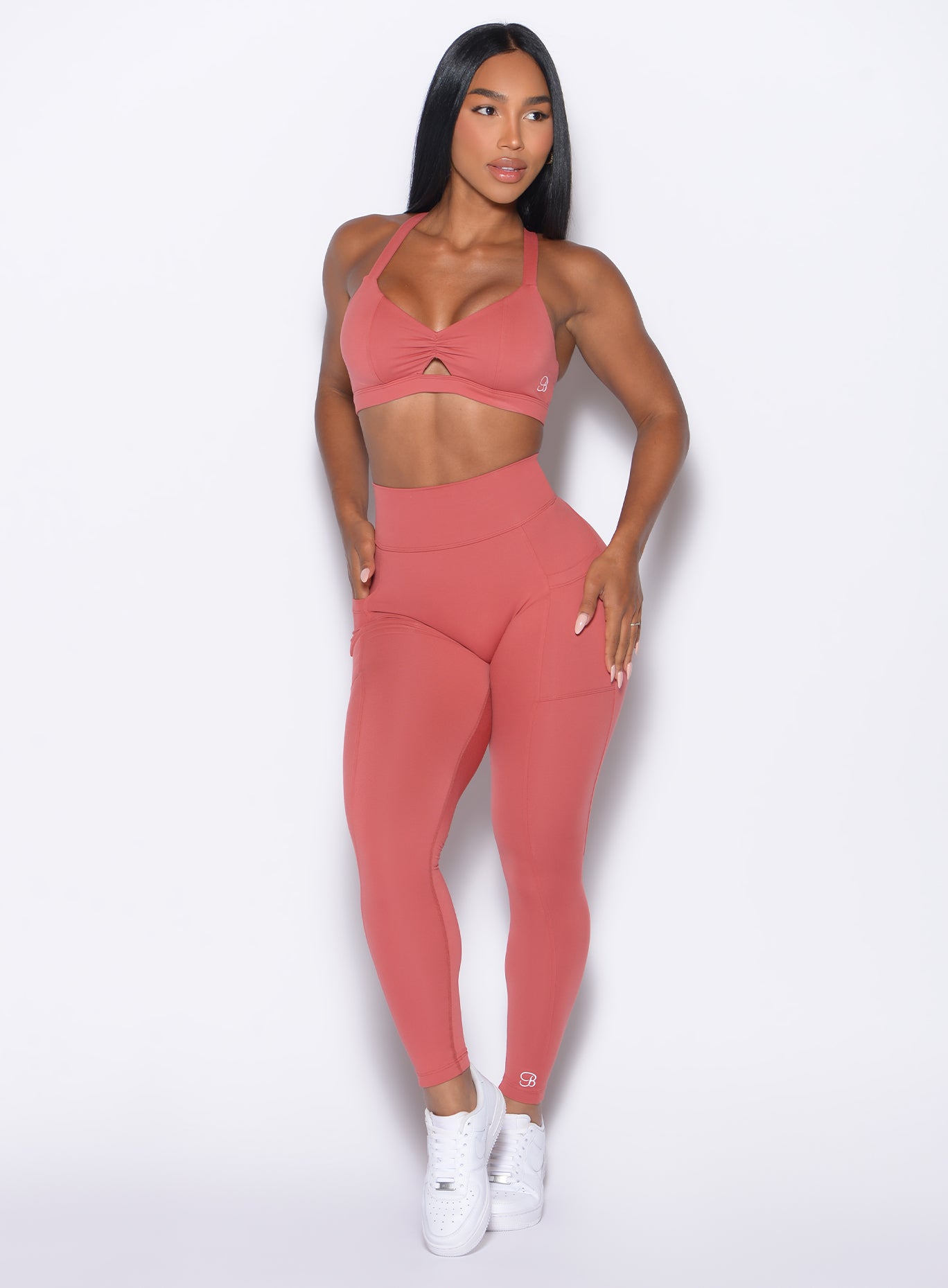Terracotta Define Leggings with high-waisted support and a sweetheart butt seam for gym training.