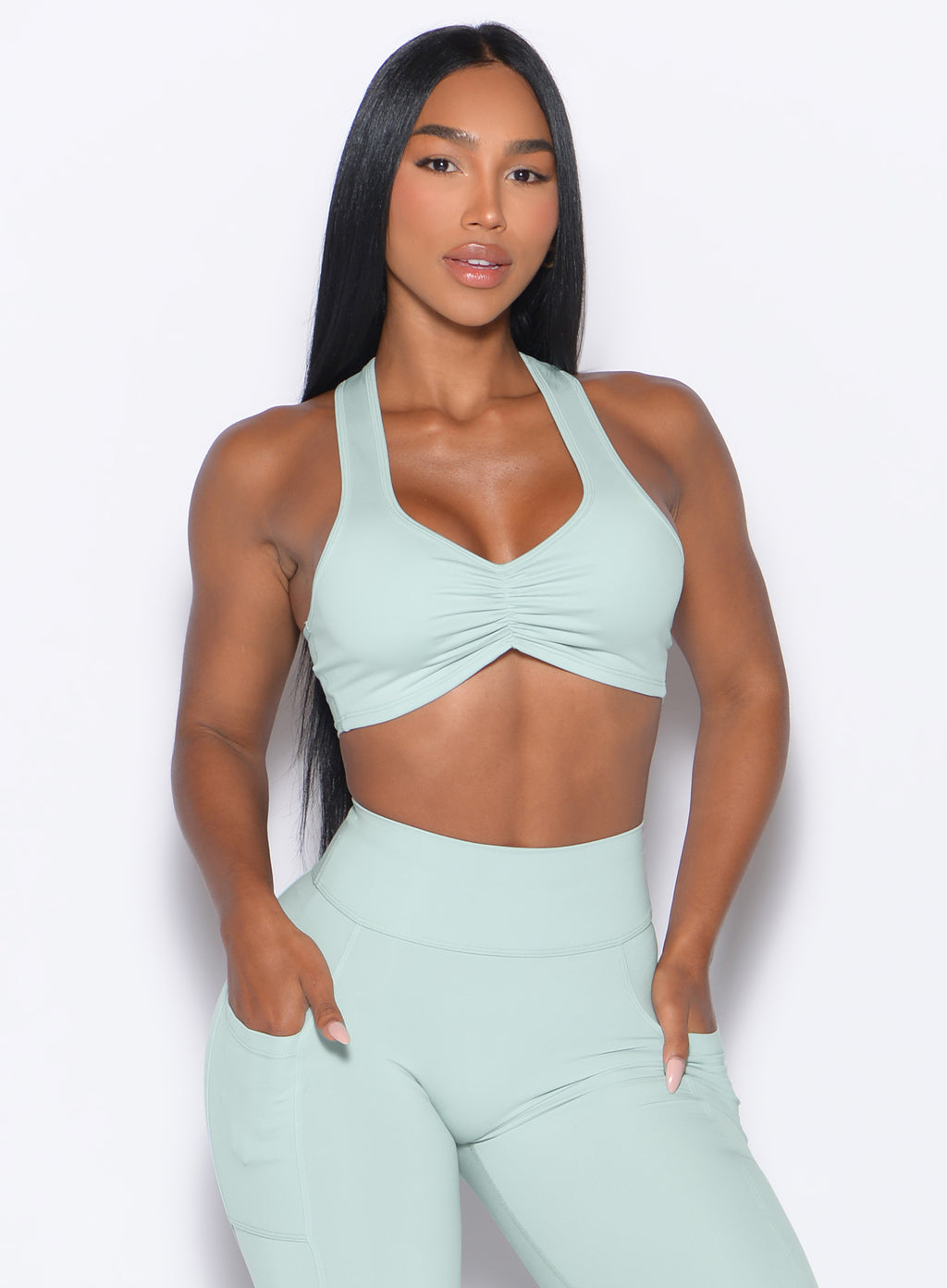 front view of model wearing a light blue activewear set