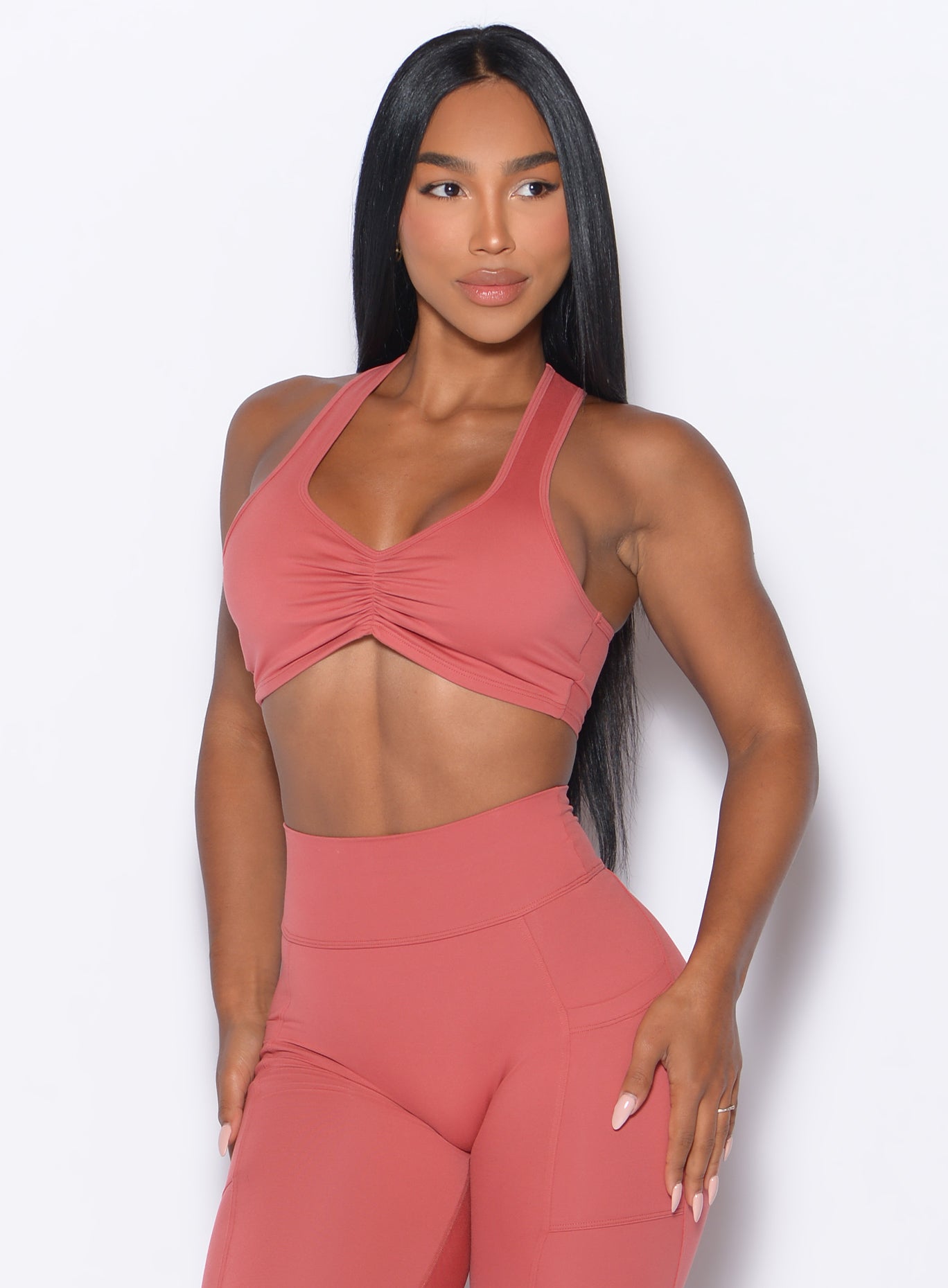 Terracotta Scrunch Tank Bra with a racerback and ruched hem for a stylish, sculpting gym fit.
