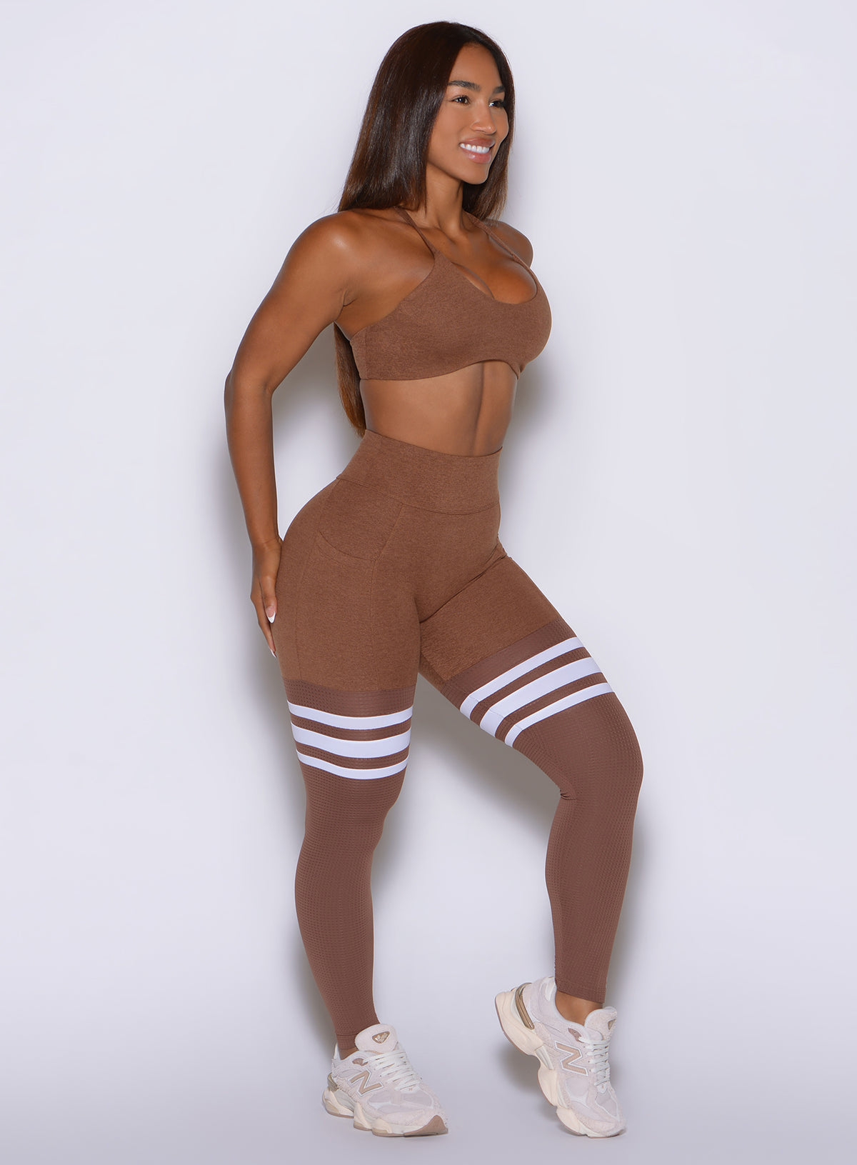 Coffee Bean Scrunch Thigh-Highs by Bombshell displaying side pocket detail and mesh calves.