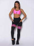 High-waist Black and Neon Pink Scrunch Thigh-Highs with breathable mesh and side pockets.
