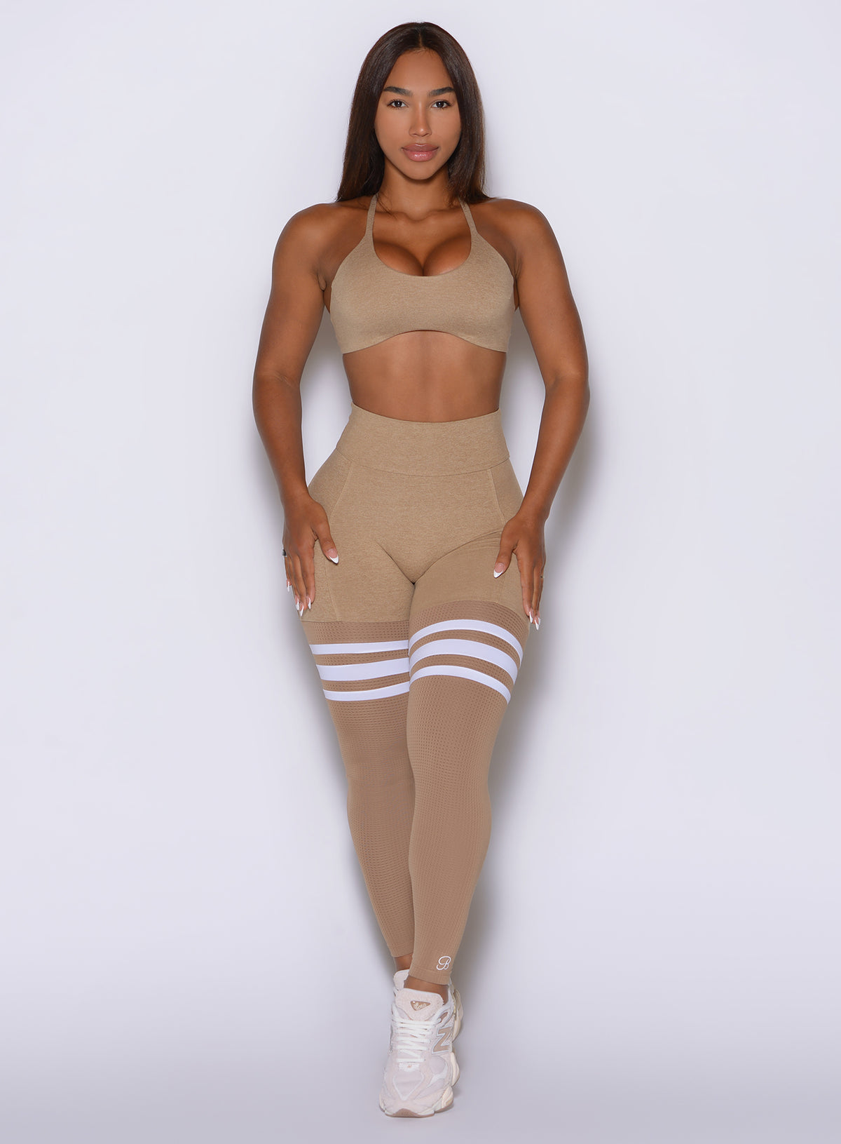 Sandstone Scrunch Thigh-Highs with contrast white stripes and airy lower-leg mesh panels.