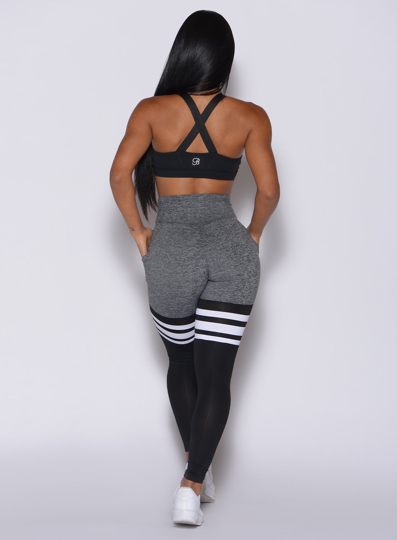 Grey Heather Scrunch Thigh-Highs with contrast stripes and a sculpting booty-lift seam.