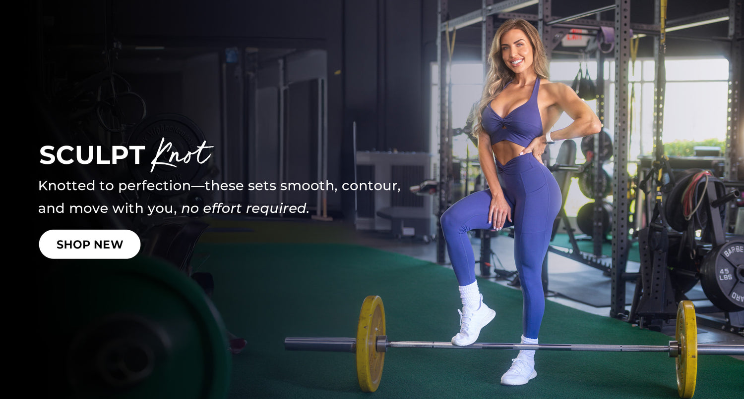 A fit model standing next to weights wears a matching purple athletic set. The set includes a sports bra with a knot detail and matching leggings. Text reads 'Sculp Knot, knotted to perfection these sets smooth, contour, and move with you, no effort required.' CTA reads 'Shop new'