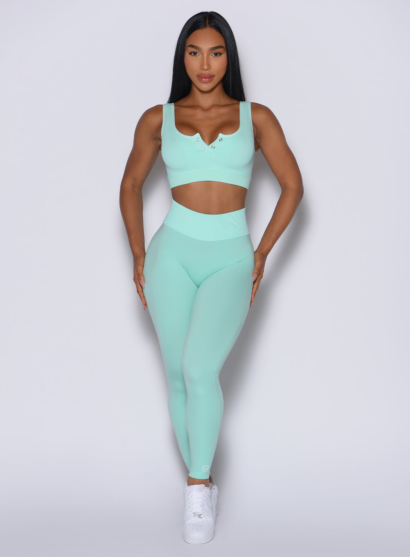 Spring Mint Figure Leggings with a seamless ribbed waistband for a high-performance sculpting fit.