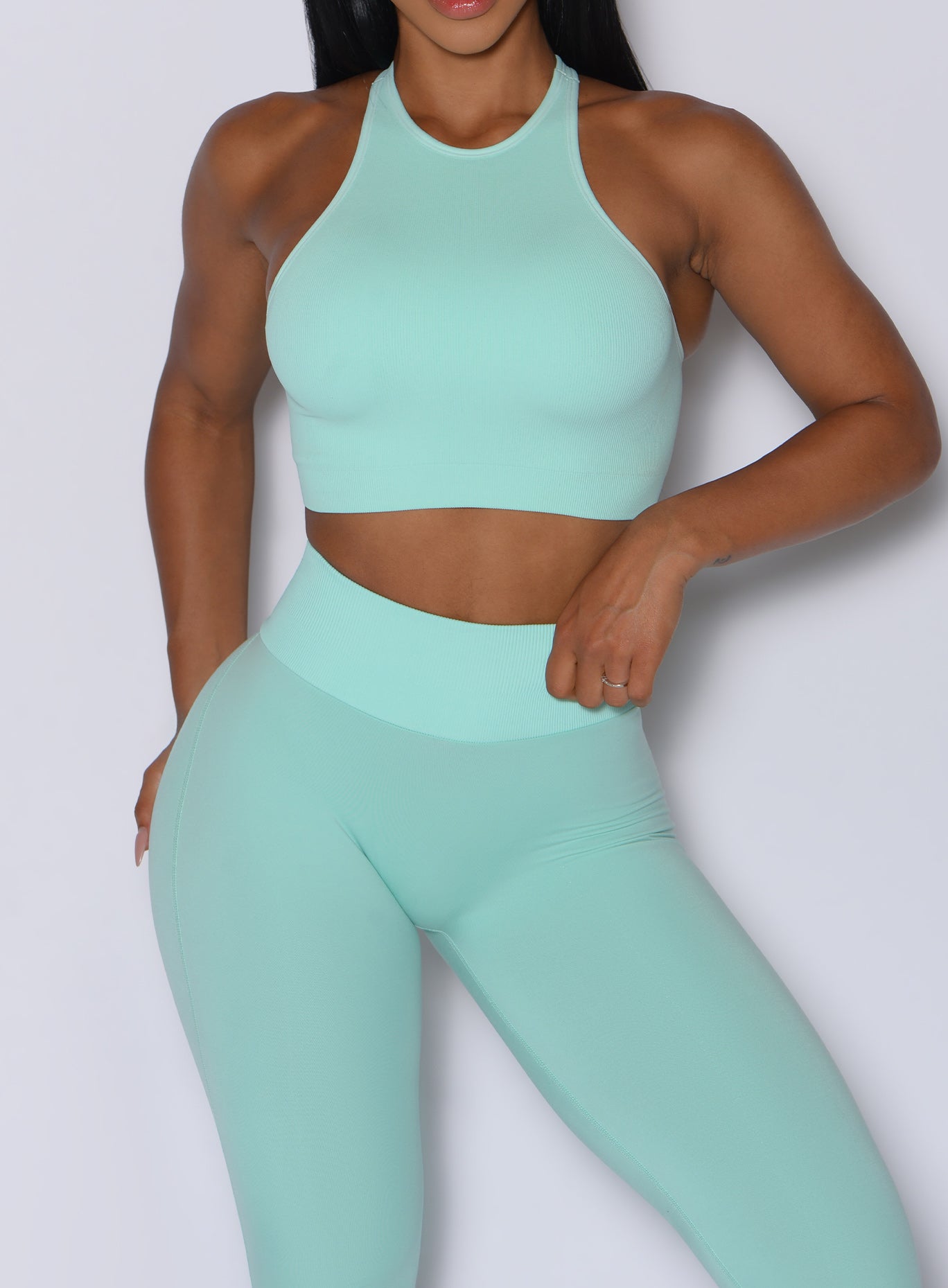 Spring Mint Figure Scrunch Leggings featuring a seamless, high-waisted fit for intense workouts.