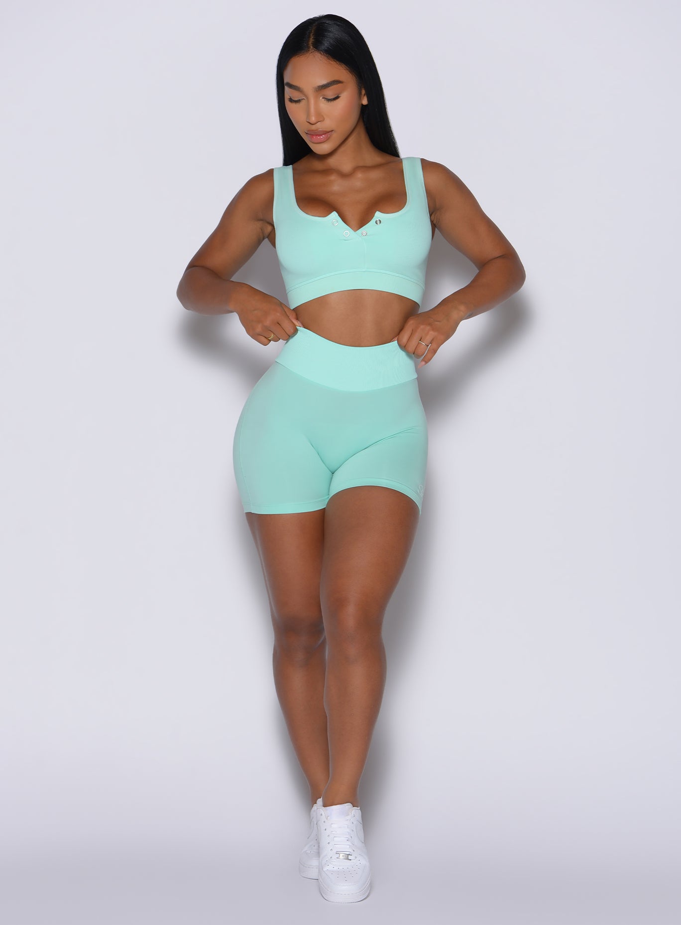 Spring Mint Figure Scrunch Shorts with a compression ribbed waistband for a snatched gym profile.