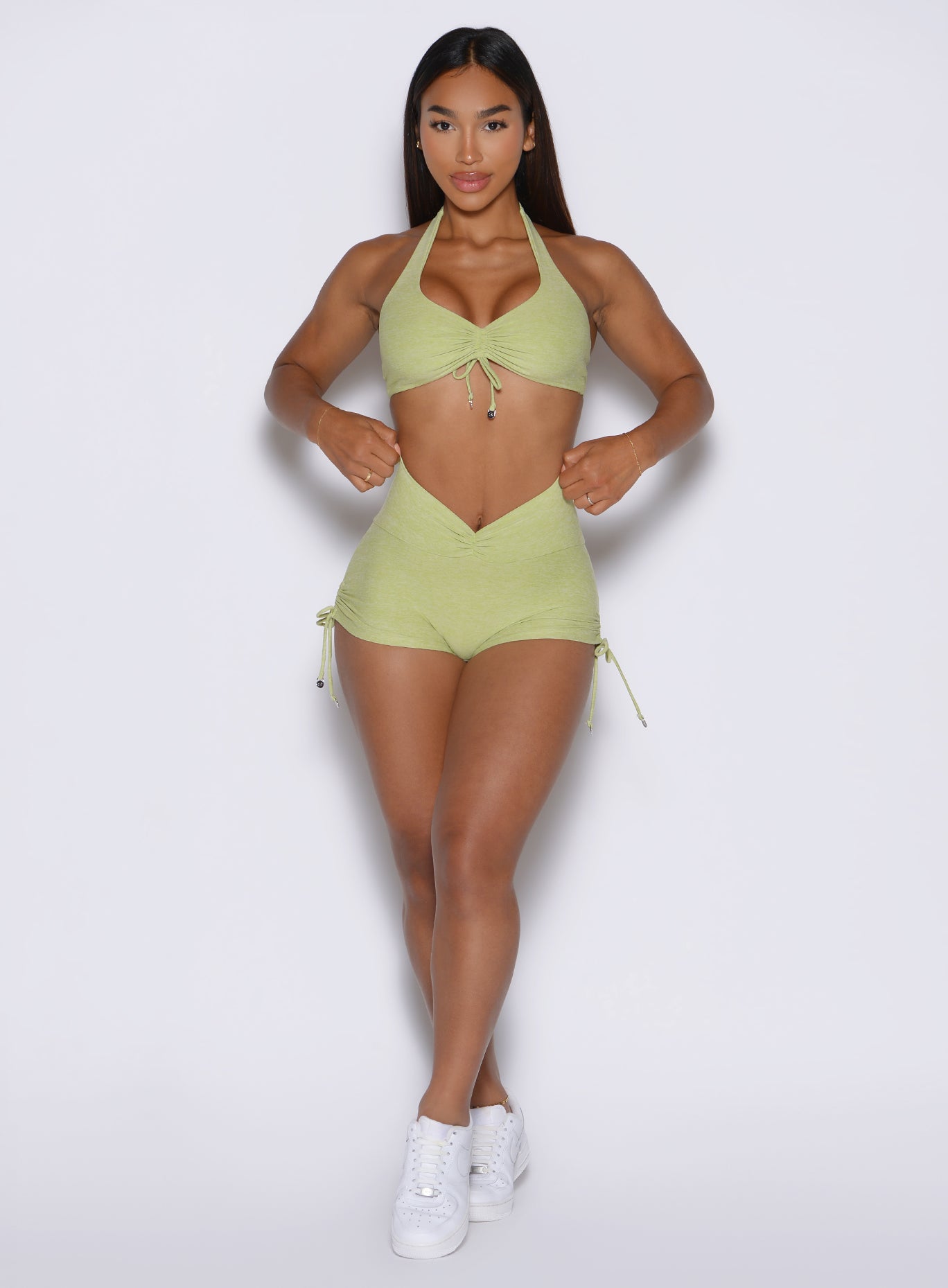 Front view of Serpentine Charm Fit Shorts with adjustable V-scrunch waist and sculpting gym fit.