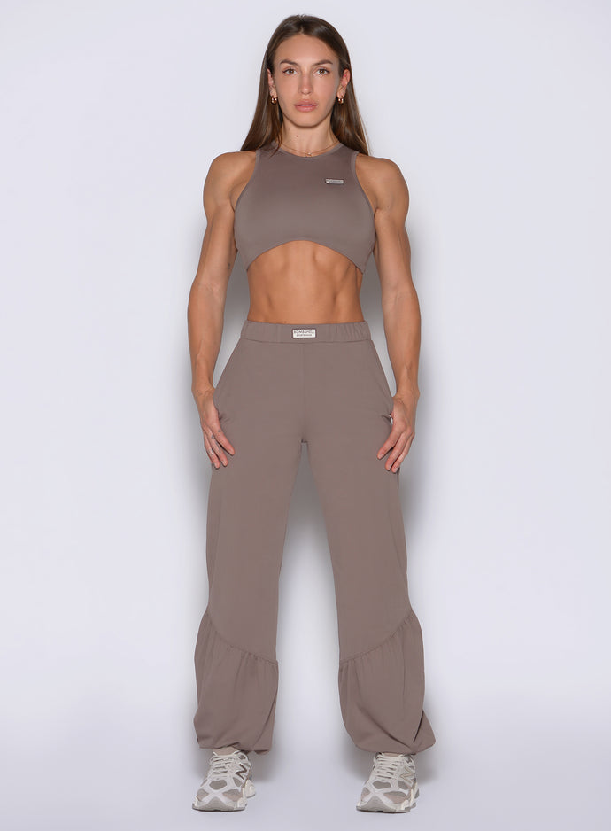 front view of a model wearing the Society Joggers in Espresso color