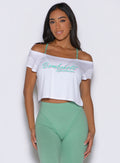 front view of a model wearing the Star Power Tee in white color