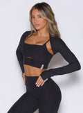 Sleek Heathered Black Studio Sculpt Bolero: buttery-soft moisture-wicking shrug for studio workouts