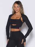 Heathered Black Studio Sculpt Bolero with thumbholes; a sleek second-skin gym layering piece.