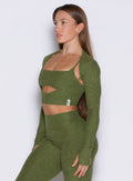 Juniper Studio Sculpt Bolero with thumbholes; a soft heathered layer for elite gym performance.