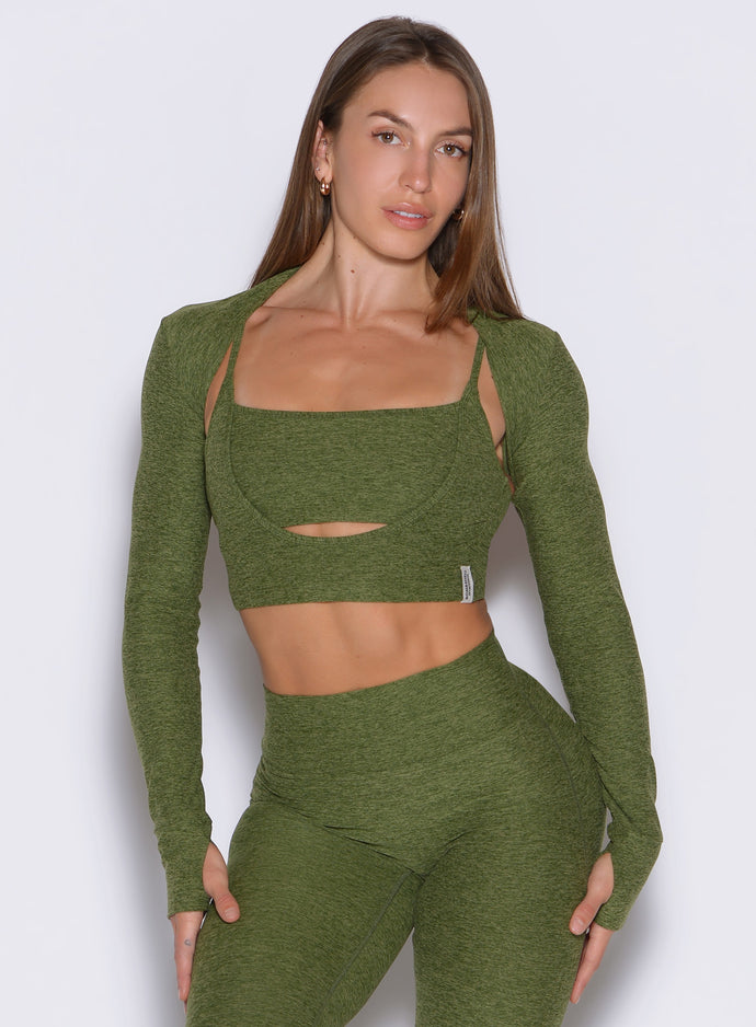 Juniper Studio Sculpt Bolero; a soft heathered layering piece for stylish studio-to-gym transitions.